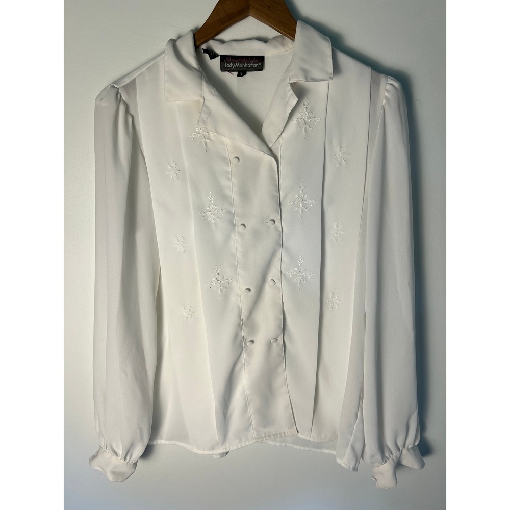 VTG Lady Manhattan Blouse Wm 8 White Embroidered Double Breasted Long Sleeve